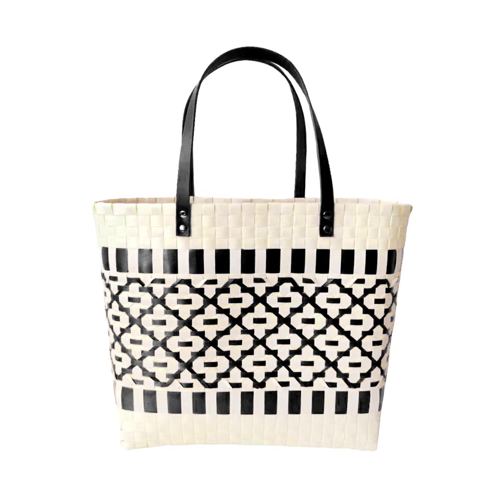 Madeline Love Black Quatrefoil Patterned Basket Weave Tote Bag / Shoulder Bag - Bags & Wallets - desc