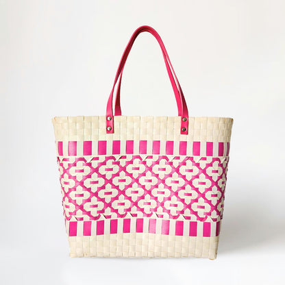 Madeline Love Pink Quatrefoil Patterned Basket Weave Tote Bag / Shoulder Bag - Bags & Wallets