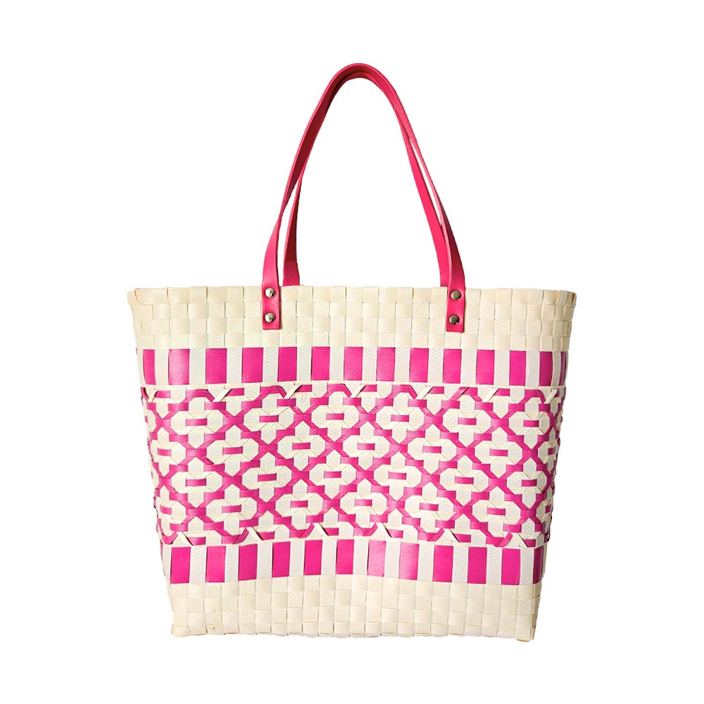 Madeline Love Pink Quatrefoil Patterned Basket Weave Tote Bag / Shoulder Bag - Bags & Wallets - desc