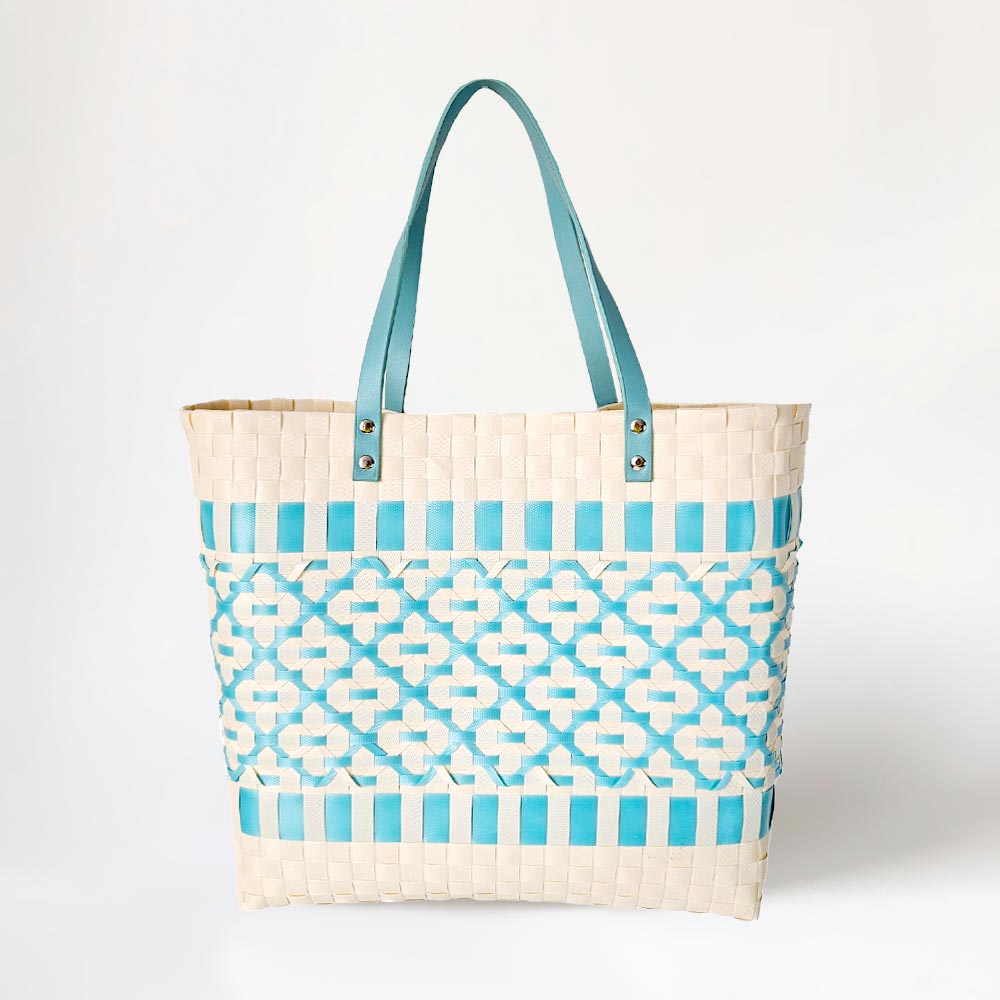 Madeline Love Turquoise Quatrefoil Patterned Basket Weave Tote Bag / Shoulder Bag - Bags & Wallets