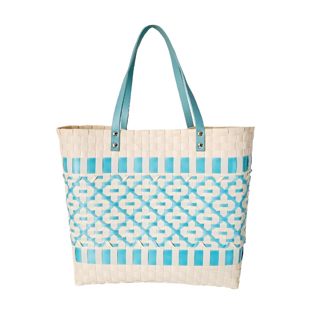 Madeline Love Turquoise Quatrefoil Patterned Basket Weave Tote Bag / Shoulder Bag - Bags & Wallets - desc