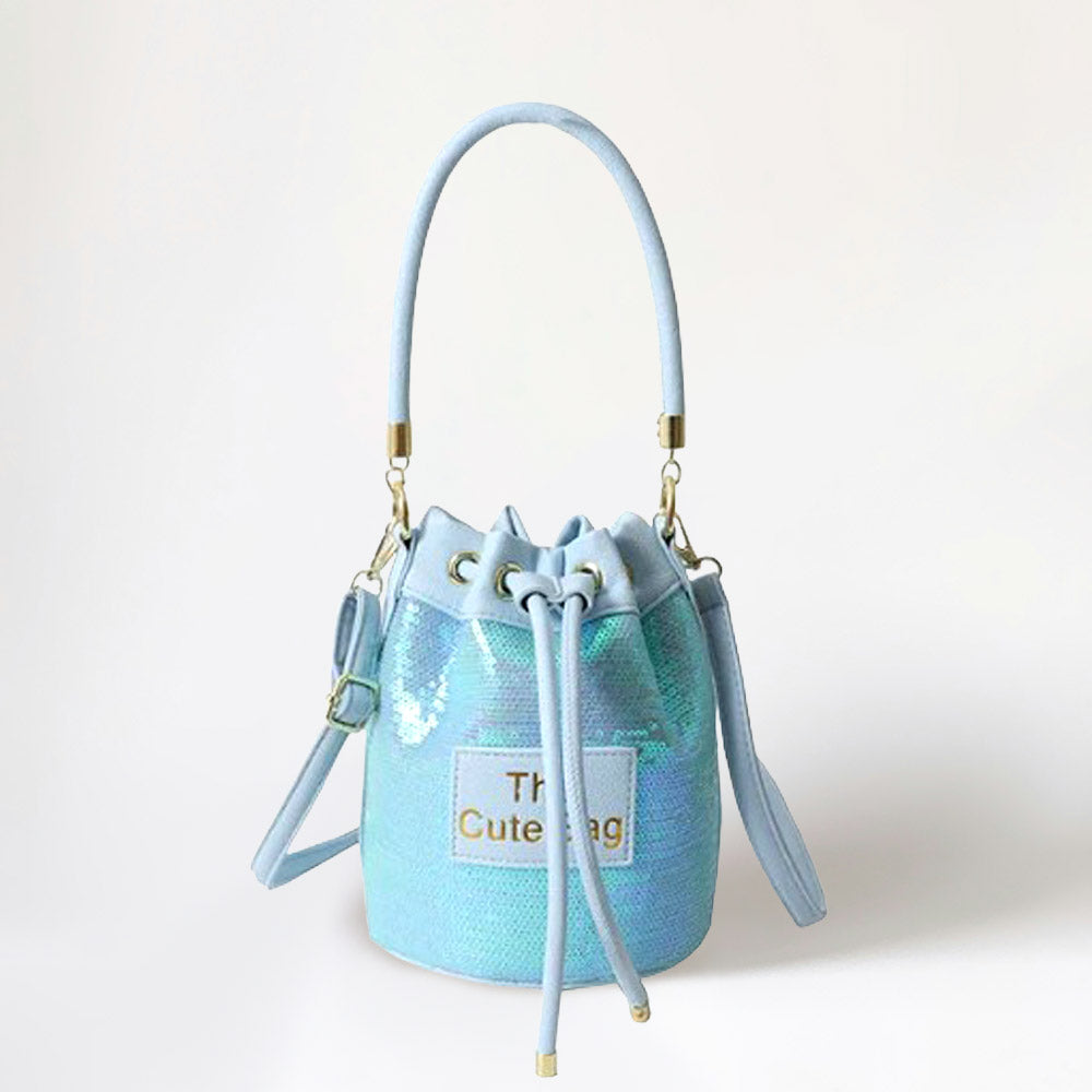 Madeline Love Blue Faux Leather THE CUTE BAG Message Sequin Crossbody Bucket Bag - Bags & Wallets