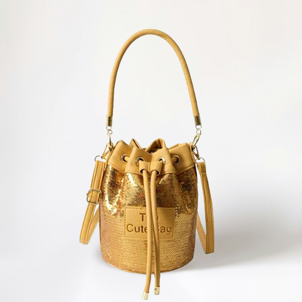 Madeline Love Gold Faux Leather THE CUTE BAG Message Sequin Crossbody Bucket Bag - Bags & Wallets