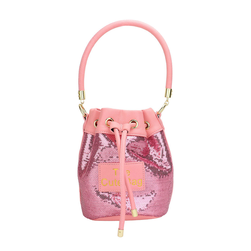 Madeline Love Lavender Faux Leather THE CUTE BAG Message Sequin Crossbody Bucket Bag - Bags & Wallets - desc