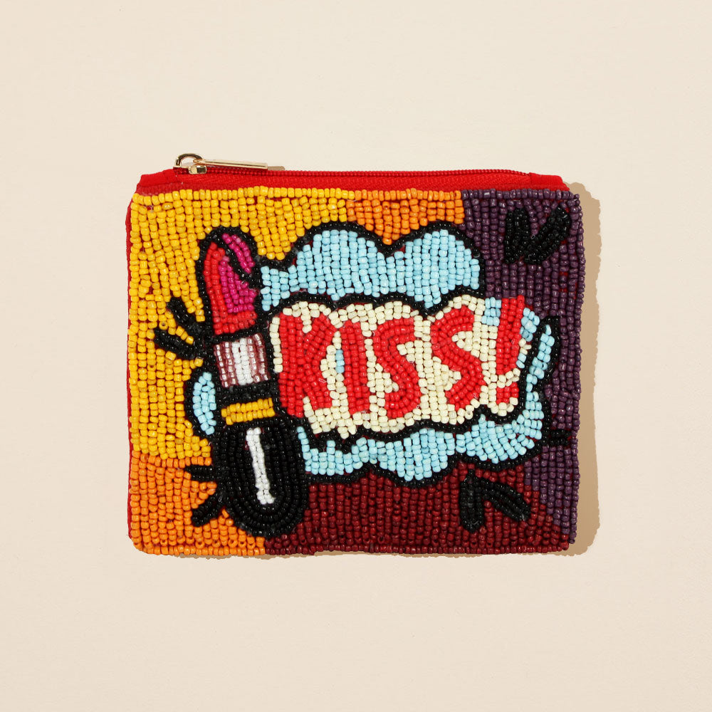 Madeline Love Red KISS Message Lipstick Seed Beaded Mini Pouch Bag - Bags & Wallets