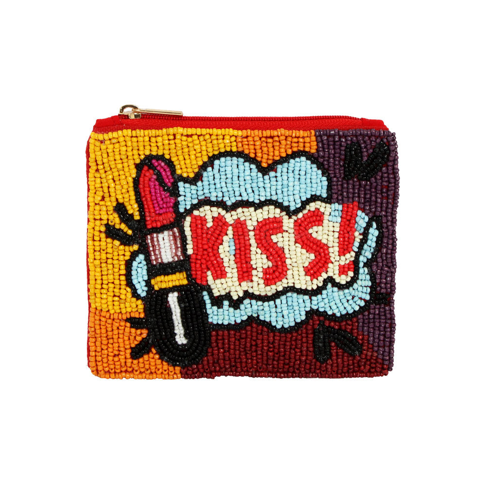 Madeline Love Red KISS Message Lipstick Seed Beaded Mini Pouch Bag - Bags & Wallets - extra