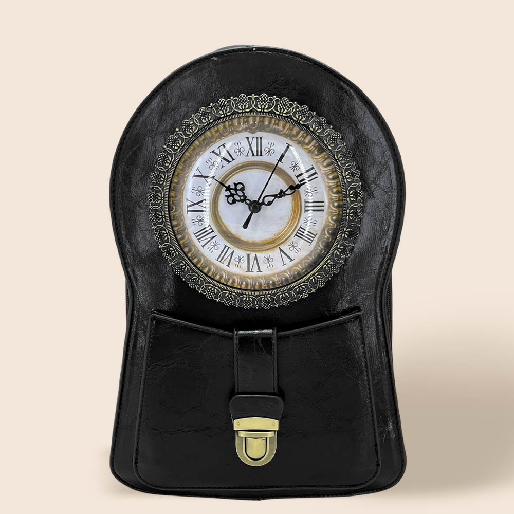 Madeline Love Black Faux Leather Vintage Clock Face Crossbody Backpack Bag - Bags & Wallets