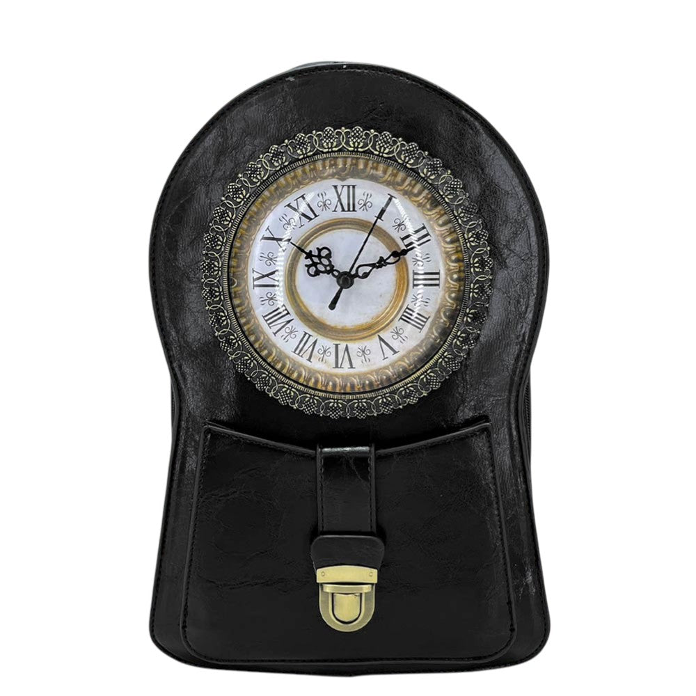 Madeline Love Black Faux Leather Vintage Clock Face Crossbody Backpack Bag - Bags & Wallets - desc
