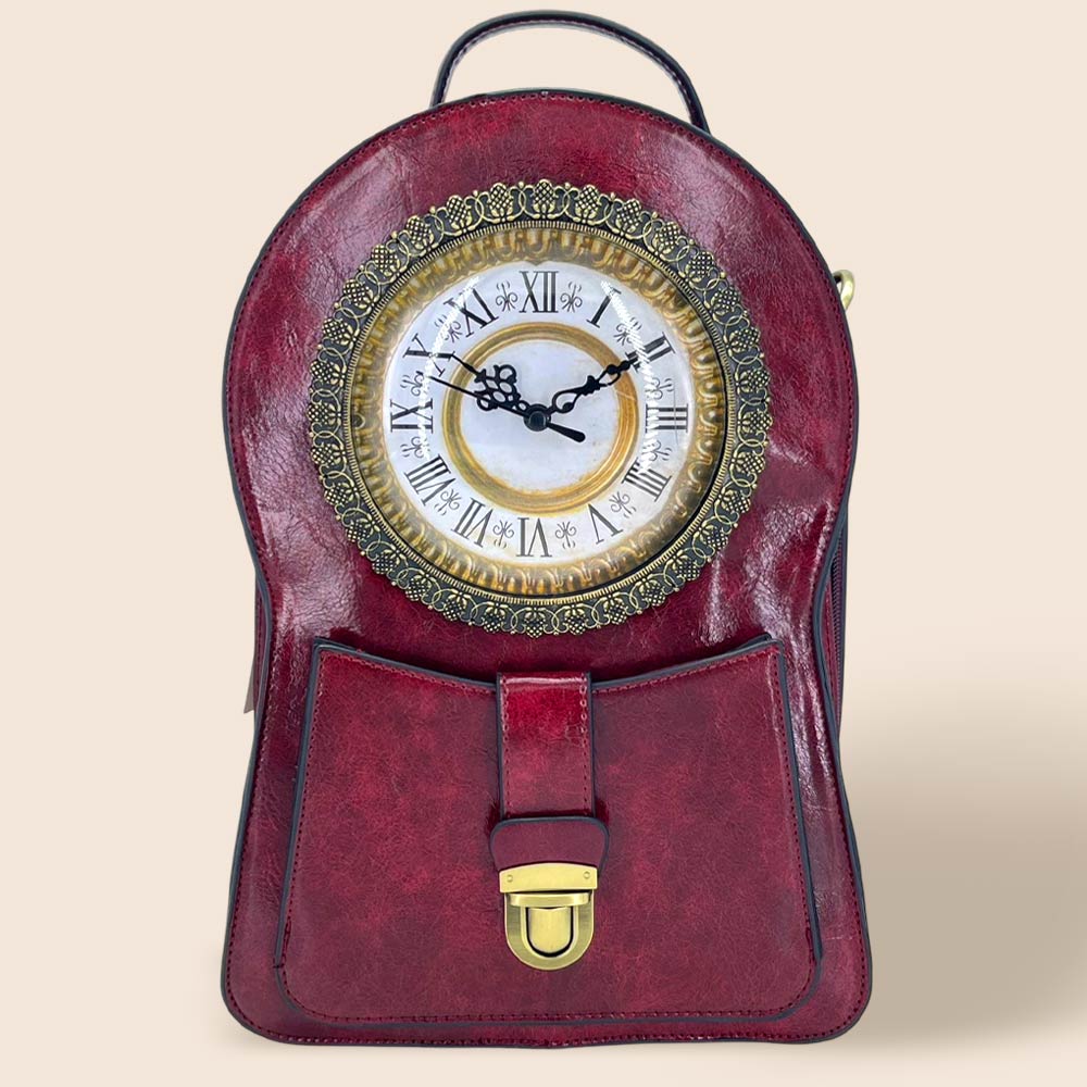 Madeline Love Red Faux Leather Vintage Clock Face Crossbody Backpack Bag - Bags & Wallets