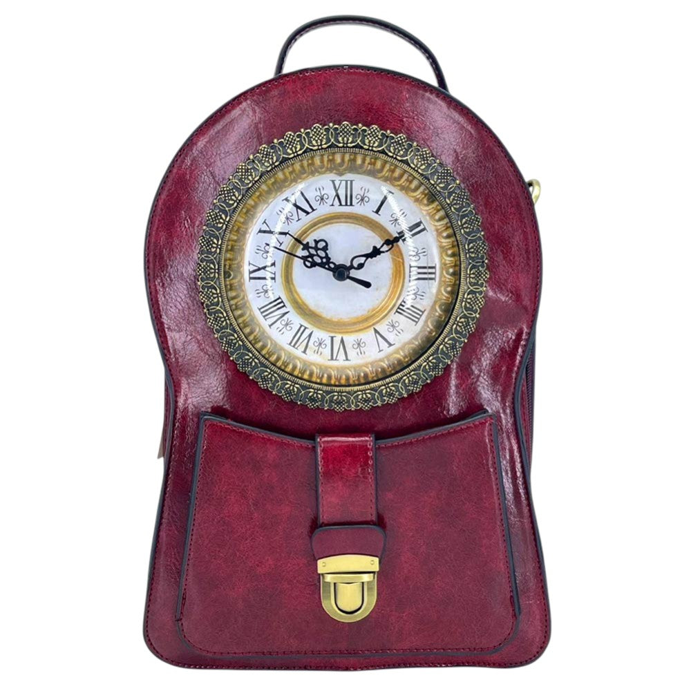 Madeline Love Red Faux Leather Vintage Clock Face Crossbody Backpack Bag - Bags & Wallets - desc