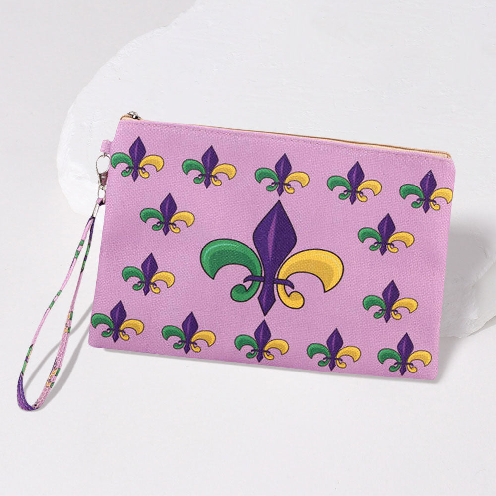 Multi Mardi Gras Fleur de Lis Pattern Printed Pouch Bag / Clutch Bag with Wristlet