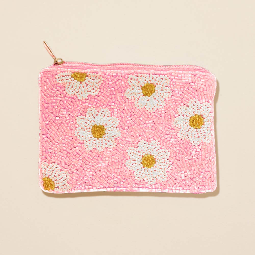 Madeline Love Pink Daisy Pattern Seed Beaded Mini Pouch Bag - Bags & Wallets