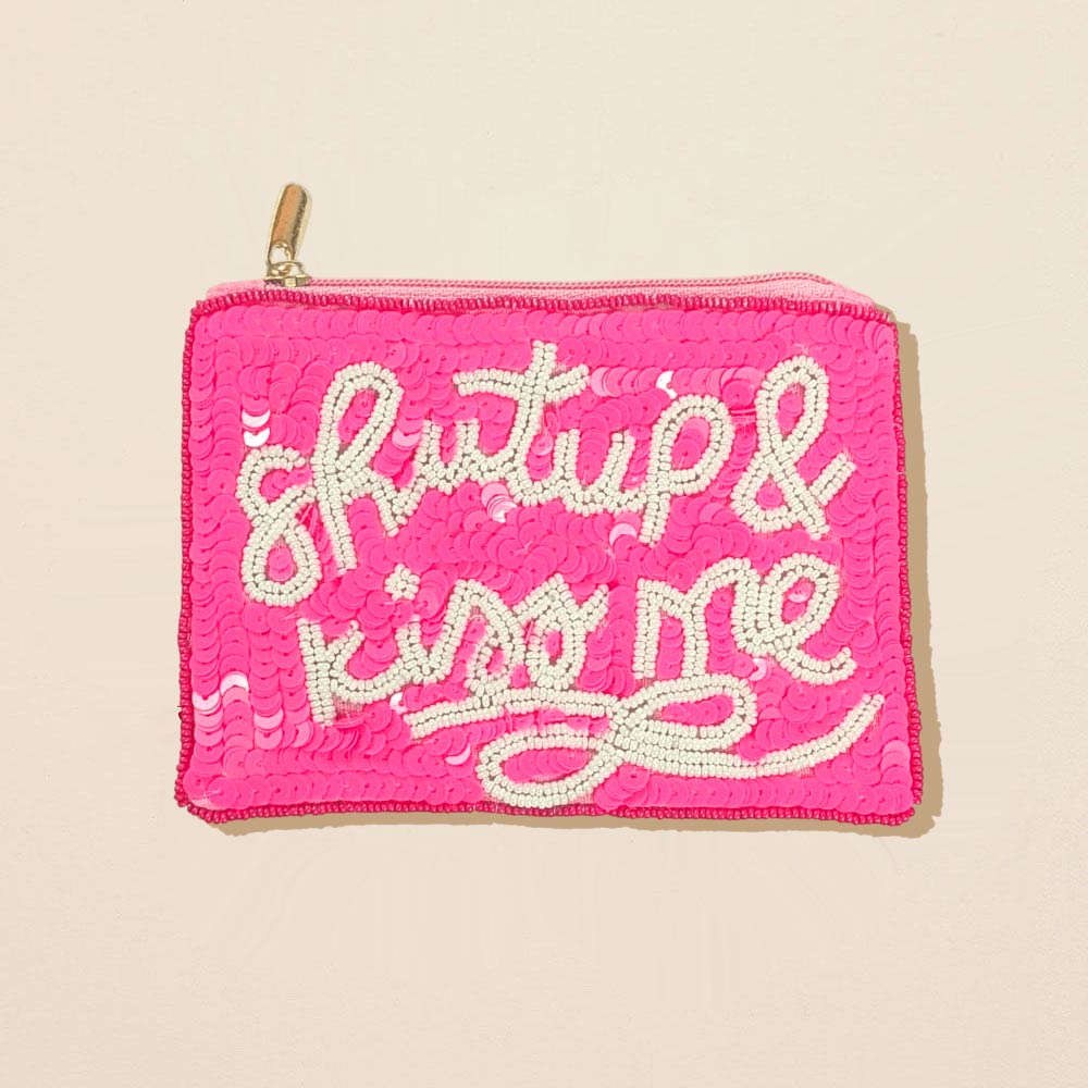 Madeline Love Hot Pink SHUT UP AND KISS ME Message Sequin Seed Beaded Mini Pouch Bag - Bags & Wallets