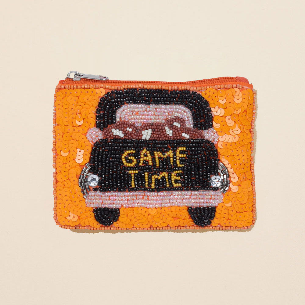 Madeline Love Orange GAME TIME Message Football Seed Beaded Mini Pouch Bag - Bags & Wallets