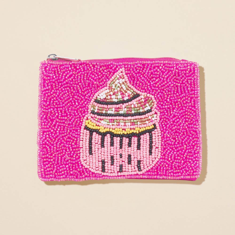 Madeline Love Fuchsia Cupcake Seed Beaded Mini Pouch Bag - Bags & Wallets