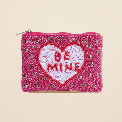 Madeline Love Dark, Pink BE MINE Message Heart Sequin Seed Beaded Mini Pouch Bag - Bags & Wallets