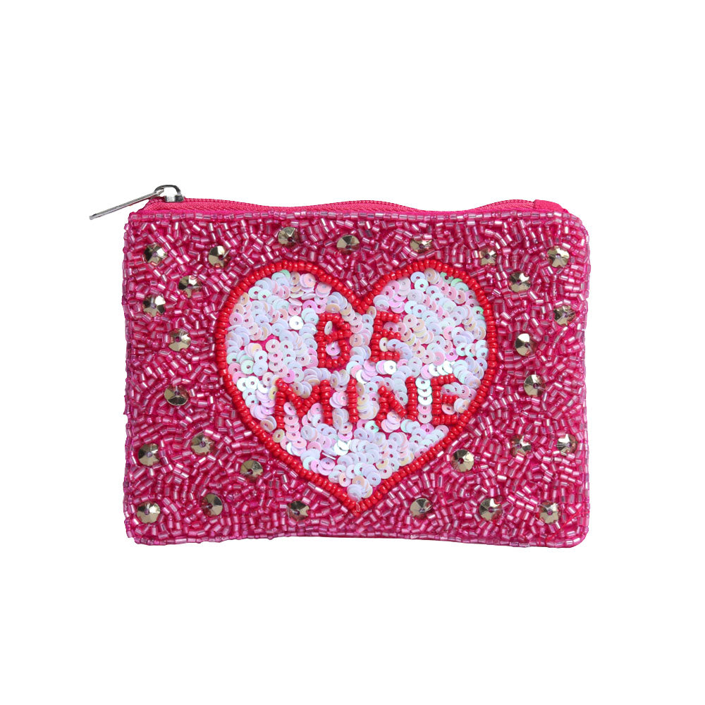 Madeline Love Dark, Pink BE MINE Message Heart Sequin Seed Beaded Mini Pouch Bag - Bags & Wallets - extra