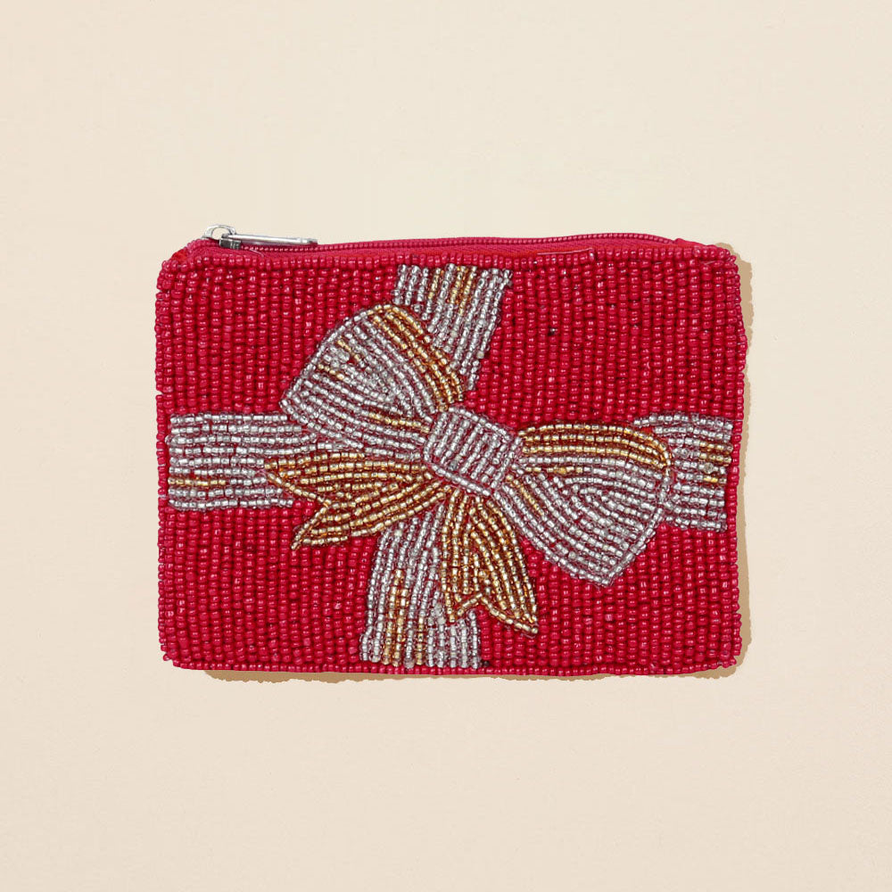 Madeline Love Red Holiday Gift Bow Seed Beaded Mini Pouch Bag - Bags & Wallets