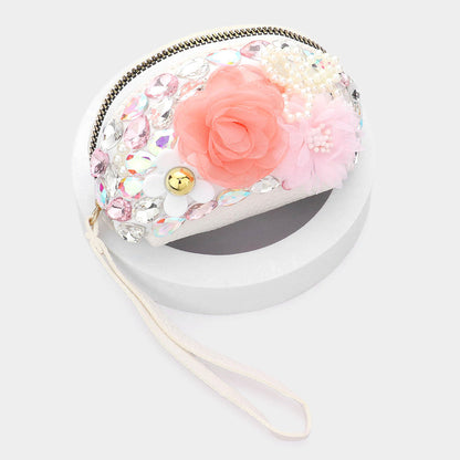 Madeline Love White Pearl Stone Embellished Triple Flower Mini Pouch Wristlet Bag - Beauty & Cosmetics