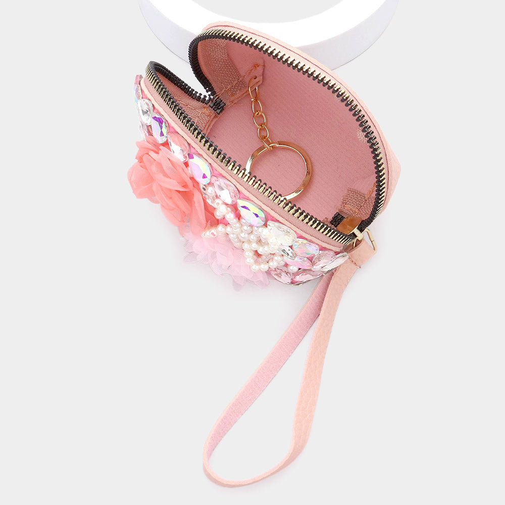 Madeline Love White Pearl Stone Embellished Triple Flower Mini Pouch Wristlet Bag - Beauty & Cosmetics - desc