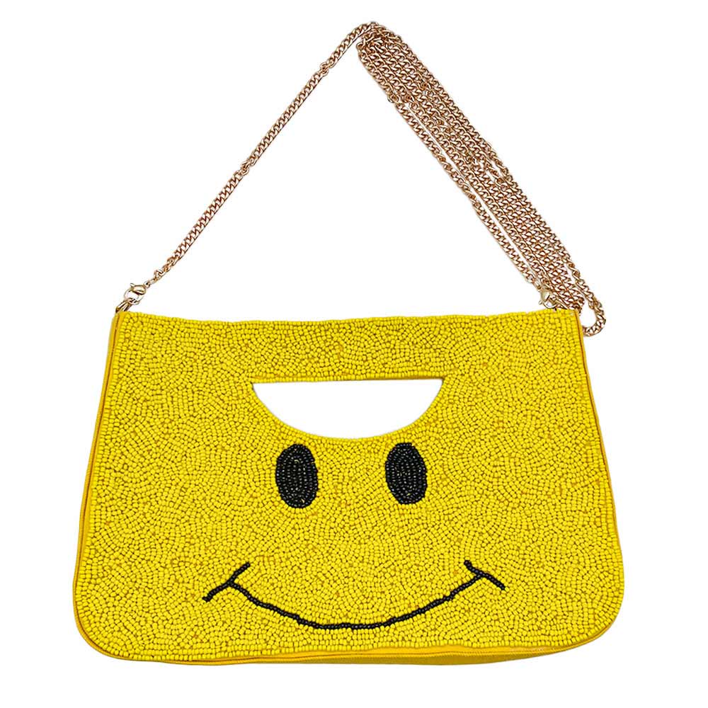 Madeline Love Yellow Smile Pointed Seed Beaded Tote / Crossbody Bag - Bags & Wallets - desc