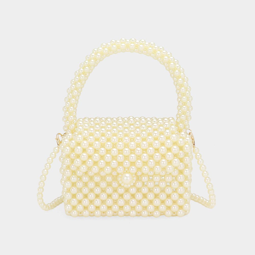 Madeline Love Cream Pearl Beaded Mini Top Handle Handbag / Crossbody Bag - Bags & Wallets