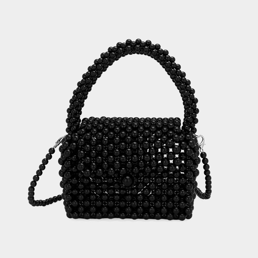 Madeline Love Black Pearl Beaded Mini Top Handle Handbag / Crossbody Bag - Bags & Wallets