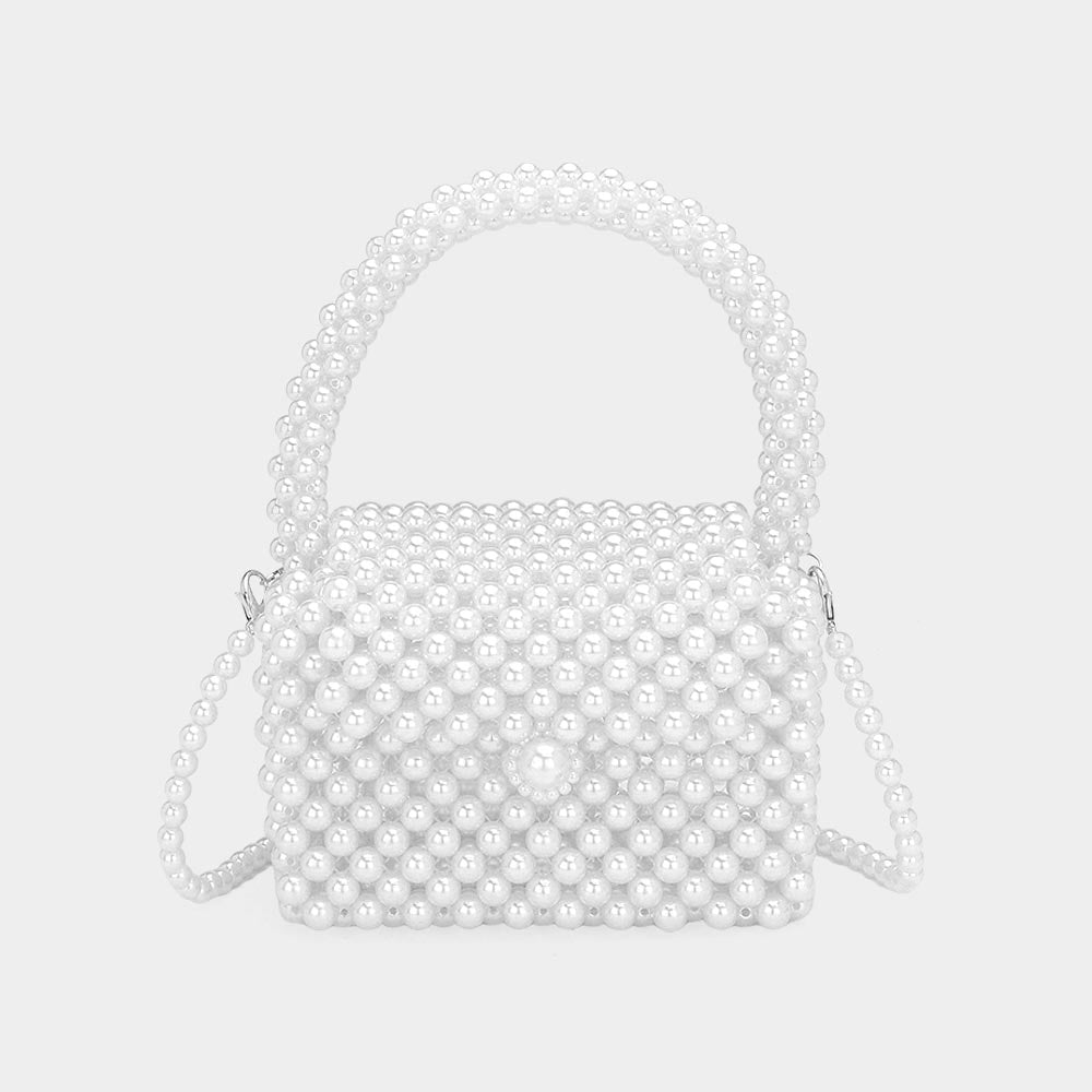 Madeline Love White Pearl Beaded Mini Top Handle Handbag / Crossbody Bag - Bags & Wallets