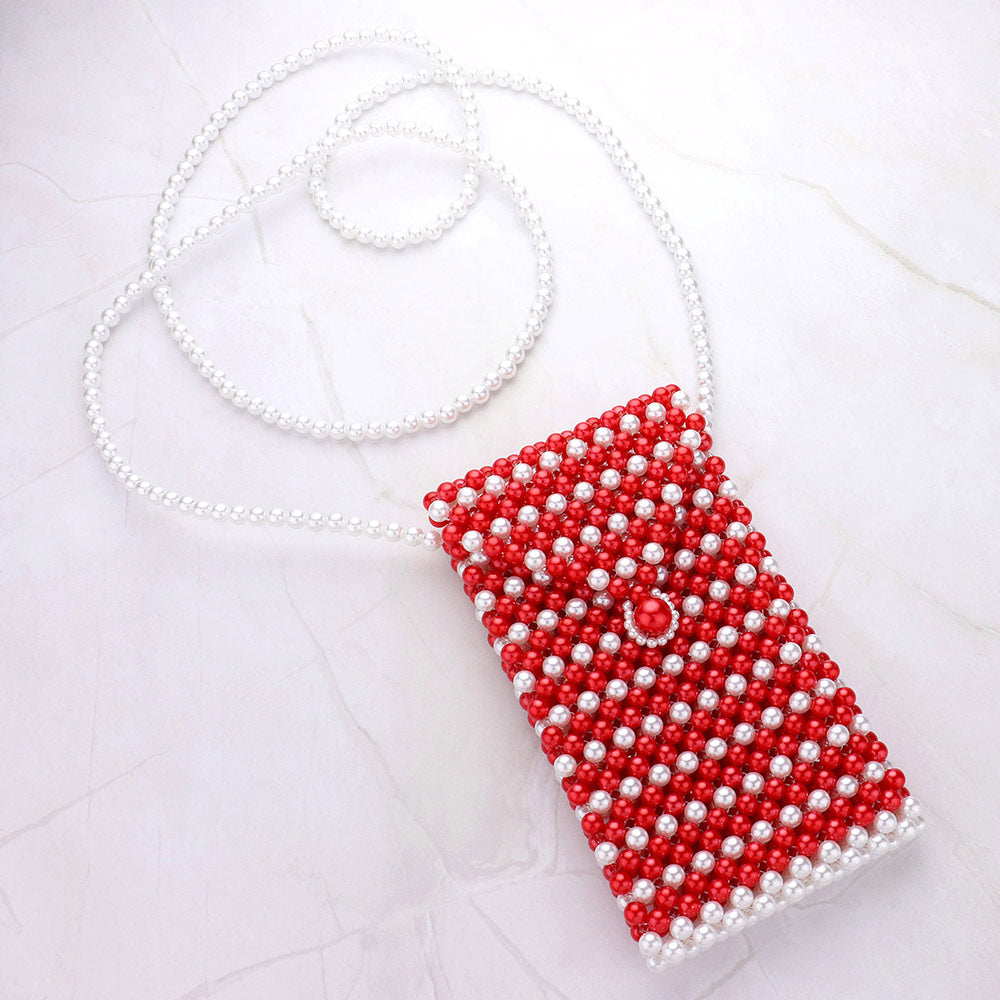 Madeline Love Red, White Pearl Beaded Phone Holder Crossbody Bag - Bags & Wallets - extra
