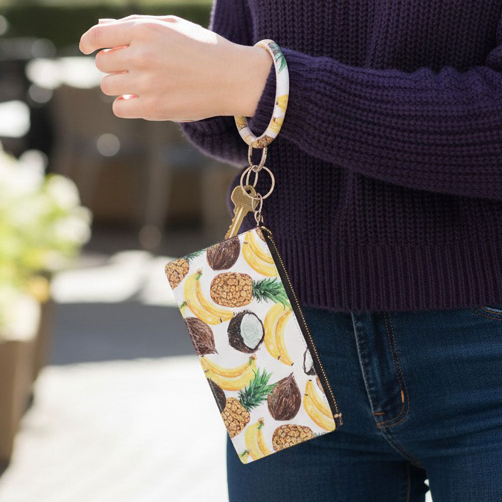 Madeline Love Gold, Multi Faux Leather Tropical Fruits Pattern Keychain Bracelet Mini Pouch Bag - Bags & Wallets
