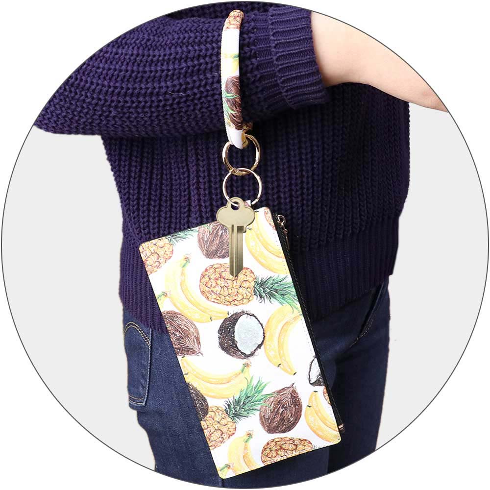 Madeline Love Gold, Multi Faux Leather Tropical Fruits Pattern Keychain Bracelet Mini Pouch Bag - Bags & Wallets - extra
