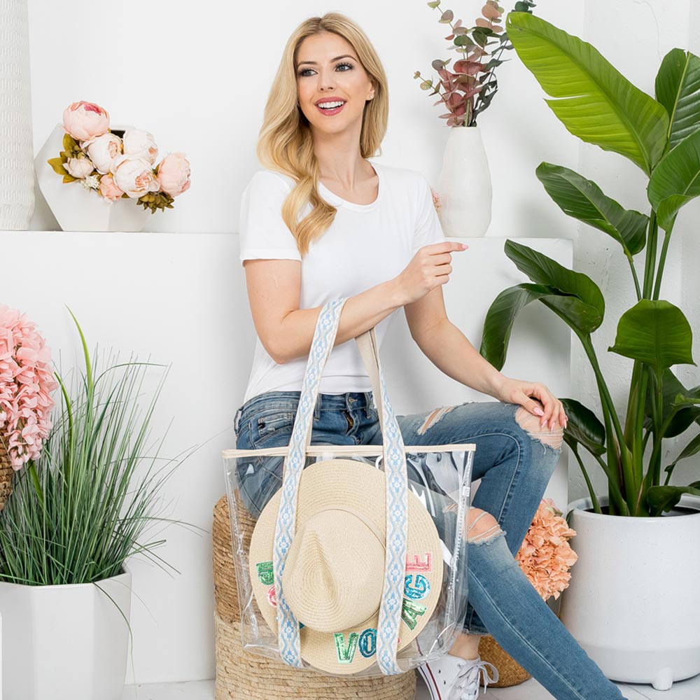 Madeline Love Light Blue Hat Carrying Transparent Aztec Pattern Strap Tote Bag - Bags & Wallets