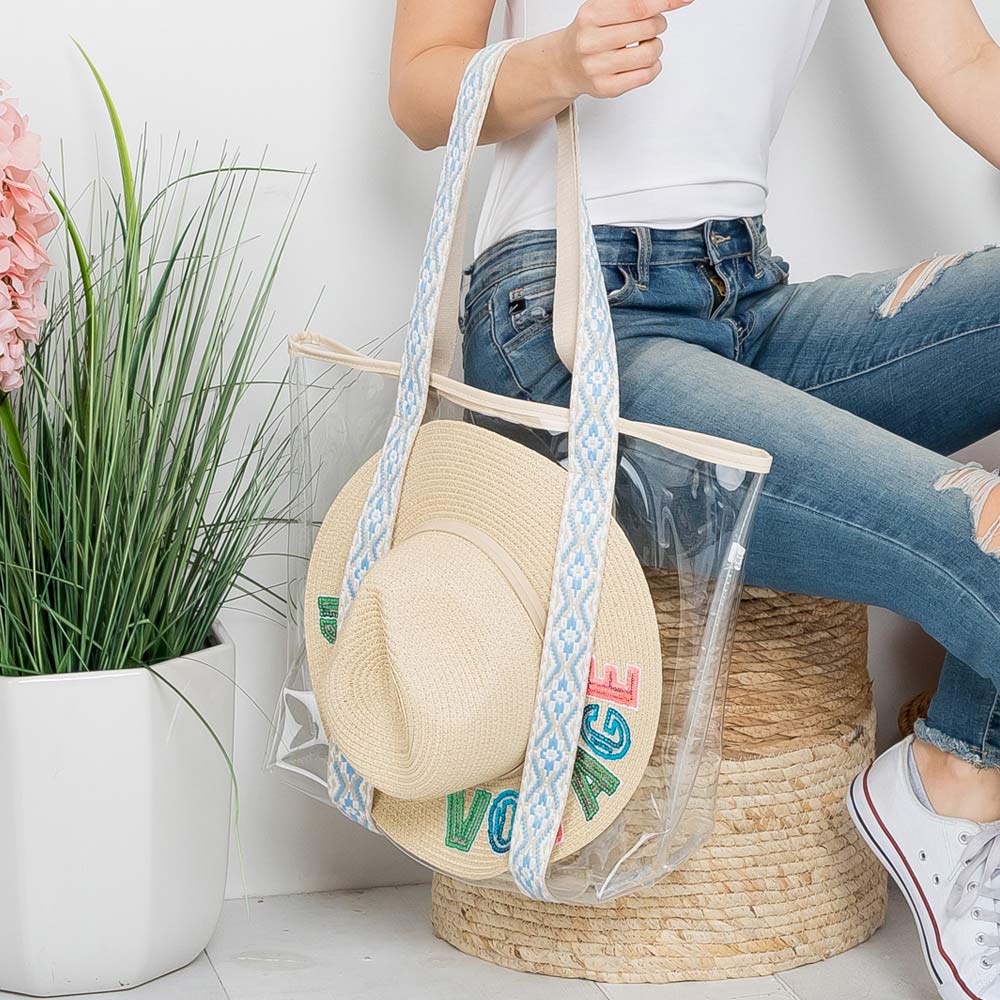 Madeline Love Light Blue Hat Carrying Transparent Aztec Pattern Strap Tote Bag - Bags & Wallets - extra