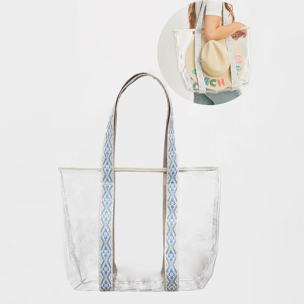 Madeline Love Light Blue Hat Carrying Transparent Aztec Pattern Strap Tote Bag - Bags & Wallets - extra