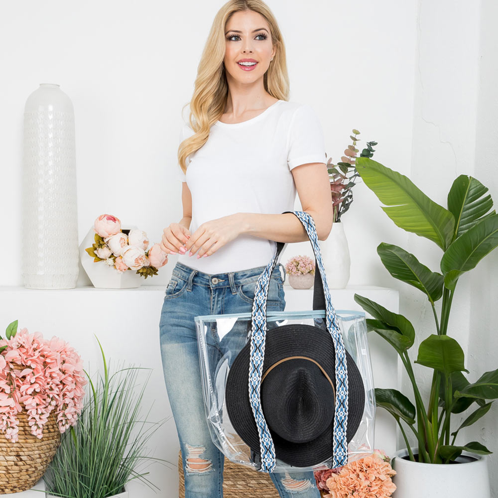 Madeline Love Navy Hat Carrying Transparent Aztec Pattern Strap Tote Bag - Bags & Wallets