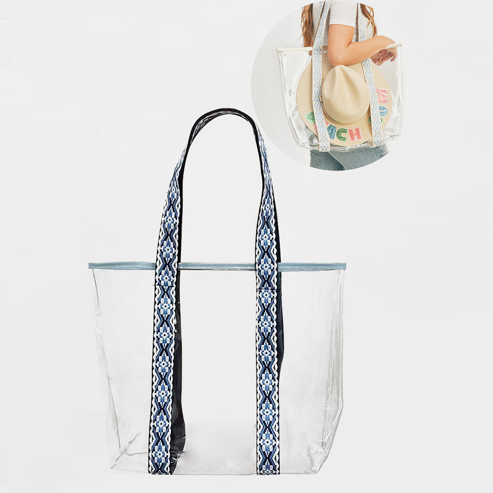 Madeline Love Navy Hat Carrying Transparent Aztec Pattern Strap Tote Bag - Bags & Wallets - extra