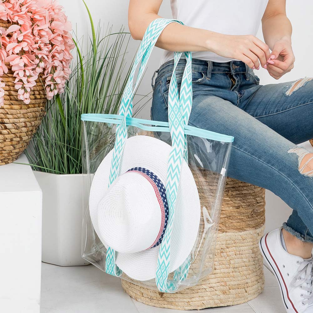 Madeline Love Mint Hat Carrying Transparent Aztec Zigzag Chevron Pattern Strap Tote Bag - Bags & Wallets - desc