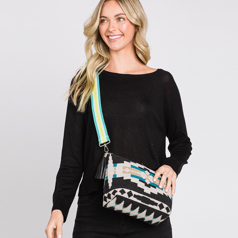 Madeline Love Teal Aztec Patterned Tassel Crossbody Bag - Bags & Wallets