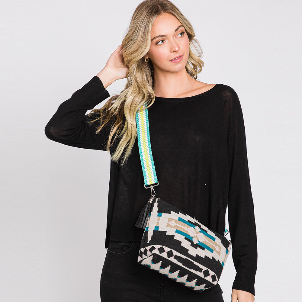 Madeline Love Teal Aztec Patterned Tassel Crossbody Bag - Bags & Wallets - desc