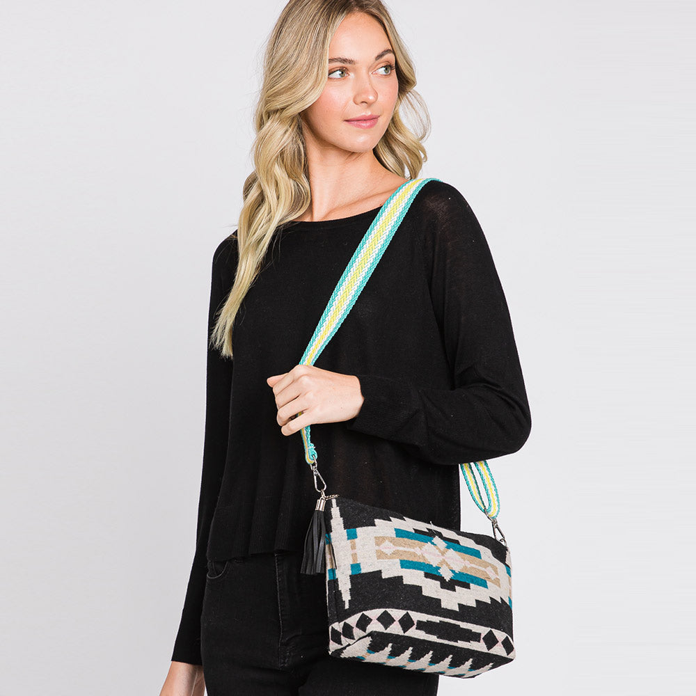 Madeline Love Teal Aztec Patterned Tassel Crossbody Bag - Bags & Wallets - extra