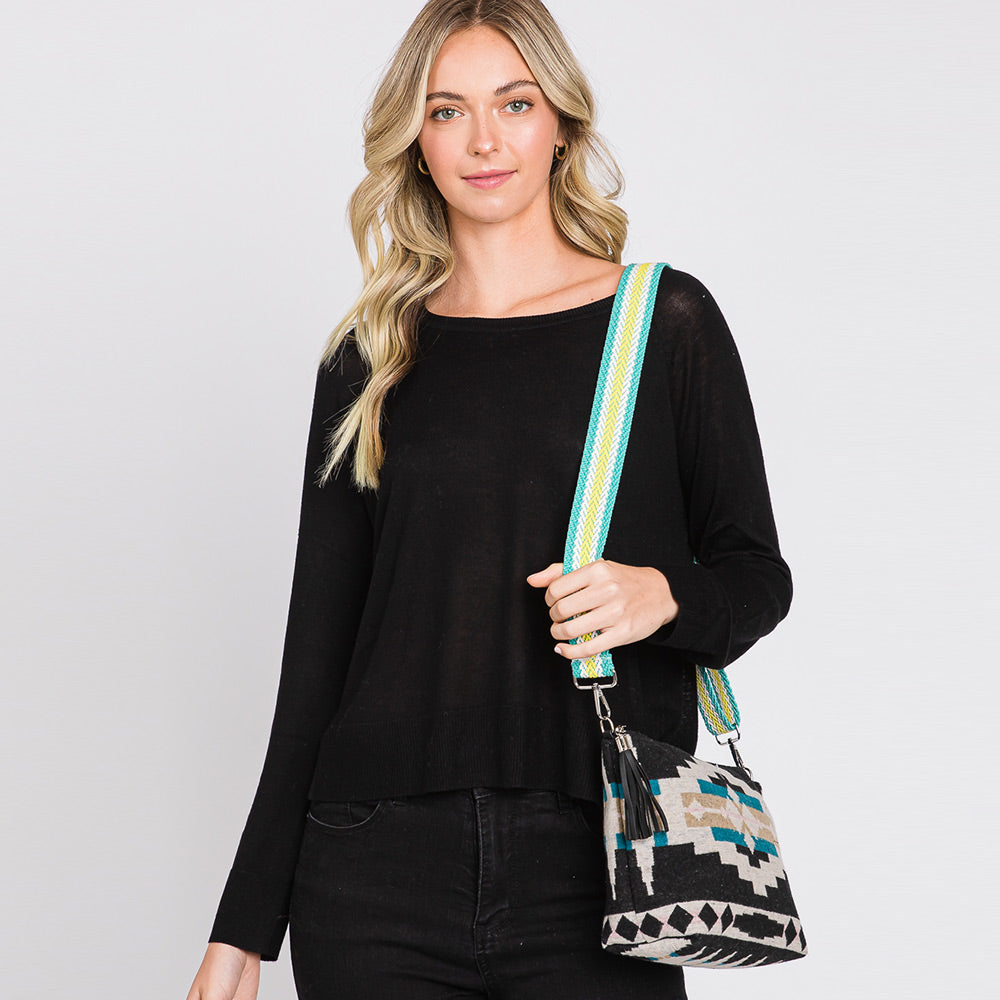 Madeline Love Teal Aztec Patterned Tassel Crossbody Bag - Bags & Wallets - extra