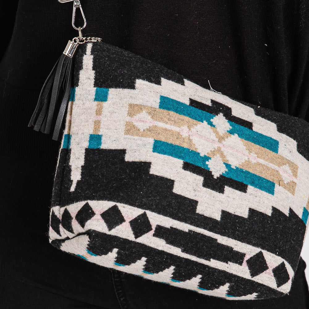 Madeline Love Teal Aztec Patterned Tassel Crossbody Bag - Bags & Wallets - extra