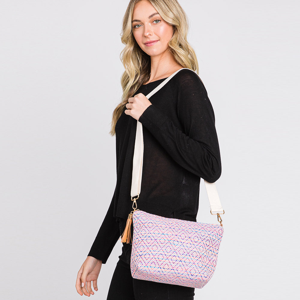 Madeline Love Fuchsia Aztec Patterned Tassel Crossbody Bag - Bags & Wallets - desc