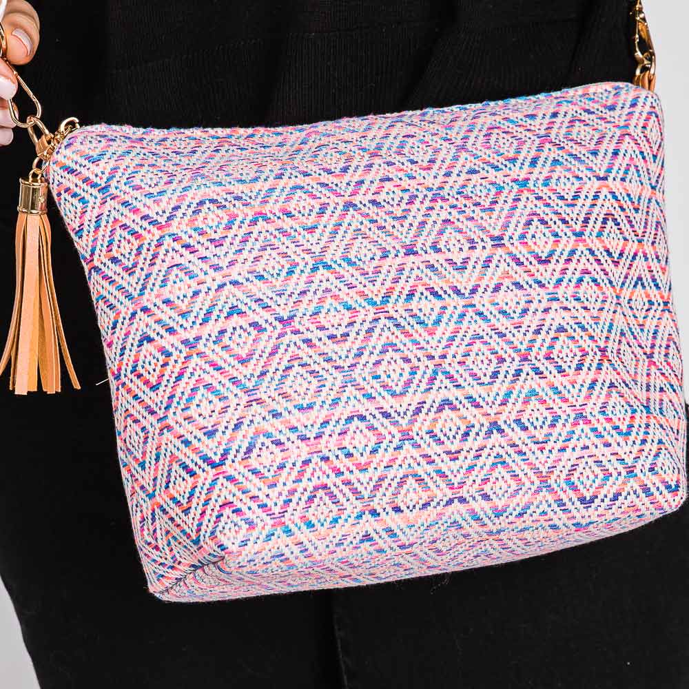 Madeline Love Fuchsia Aztec Patterned Tassel Crossbody Bag - Bags & Wallets - extra