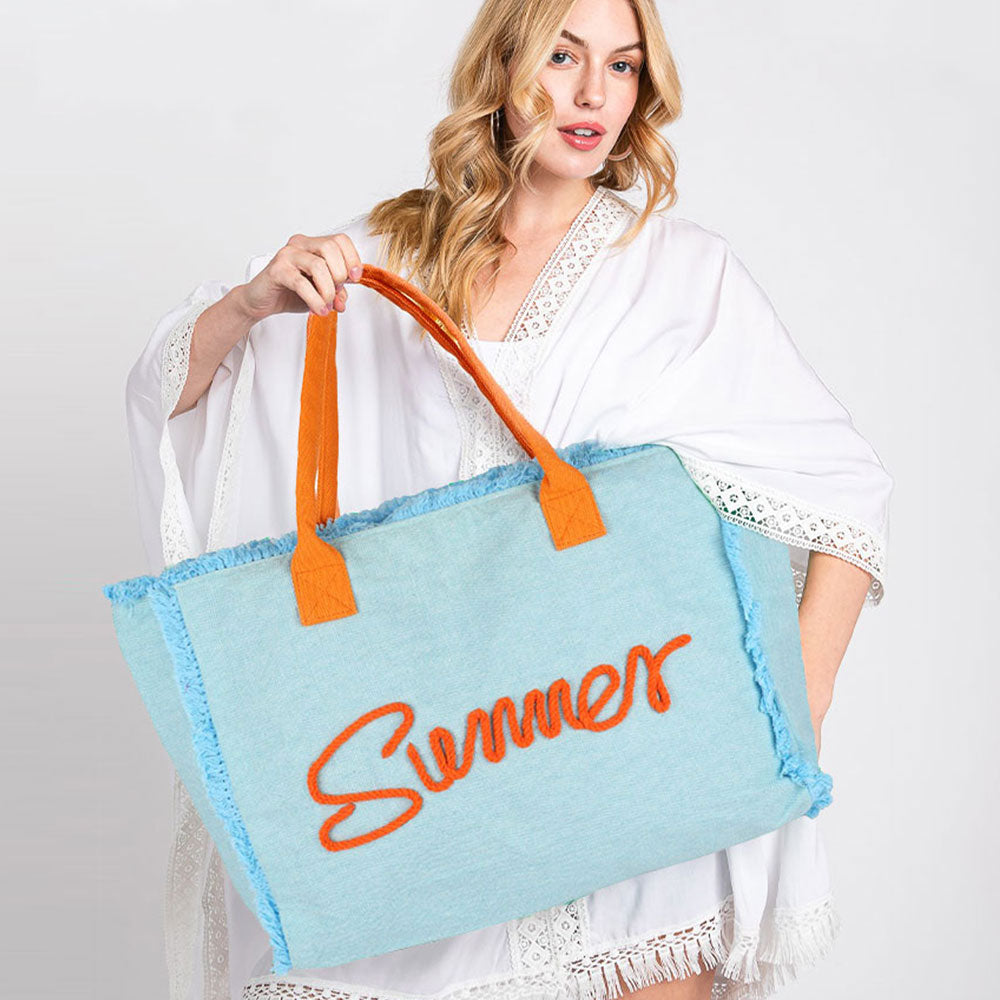 Madeline Love Blue SUMMER Message Embroidered Fringe Canvas Tote Beach Bag - Bags & Wallets
