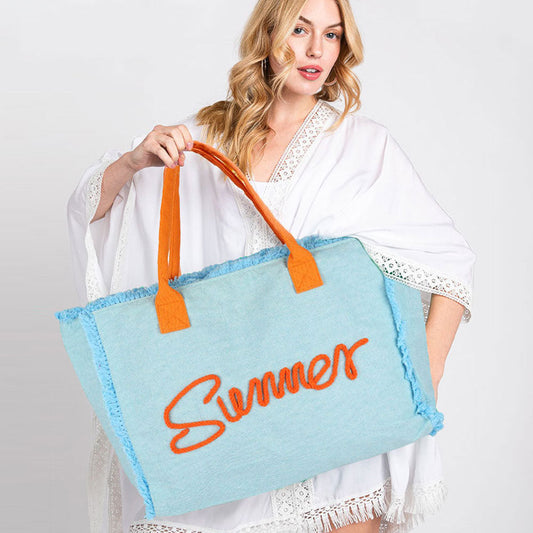 Madeline Love Blue SUMMER Message Embroidered Fringe Canvas Tote Beach Bag - Bags & Wallets