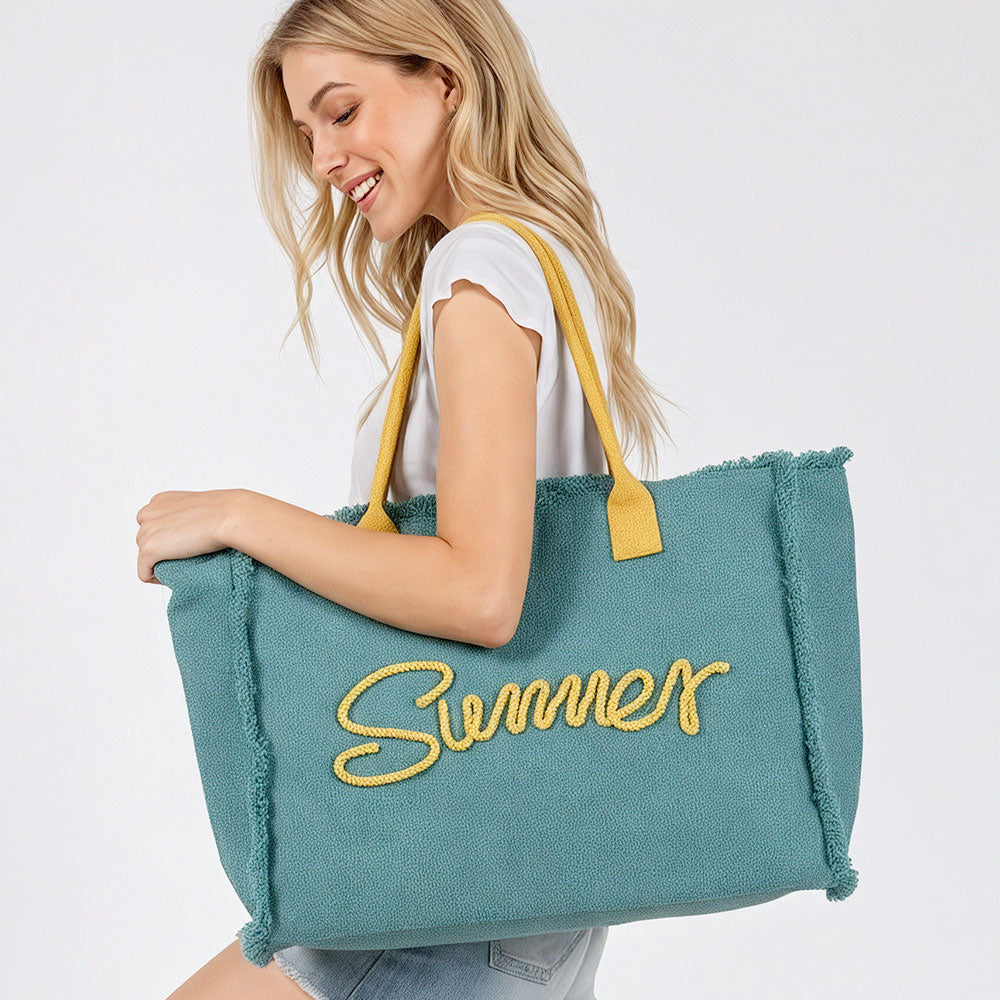 Madeline Love Teal SUMMER Message Embroidered Fringe Canvas Tote Beach Bag - Bags & Wallets