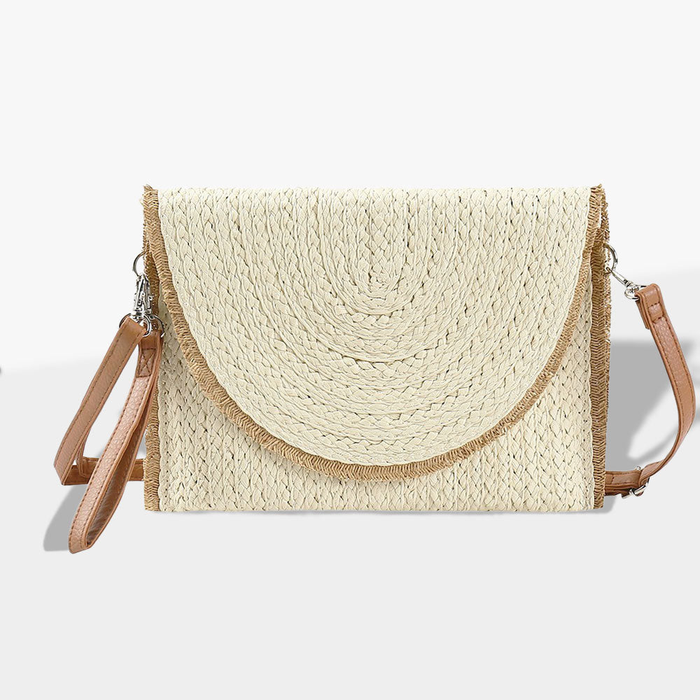 Madeline Love Beige Frayed Trip Two Tone Straw Clutch / Crossbody Bag - Bags & Wallets