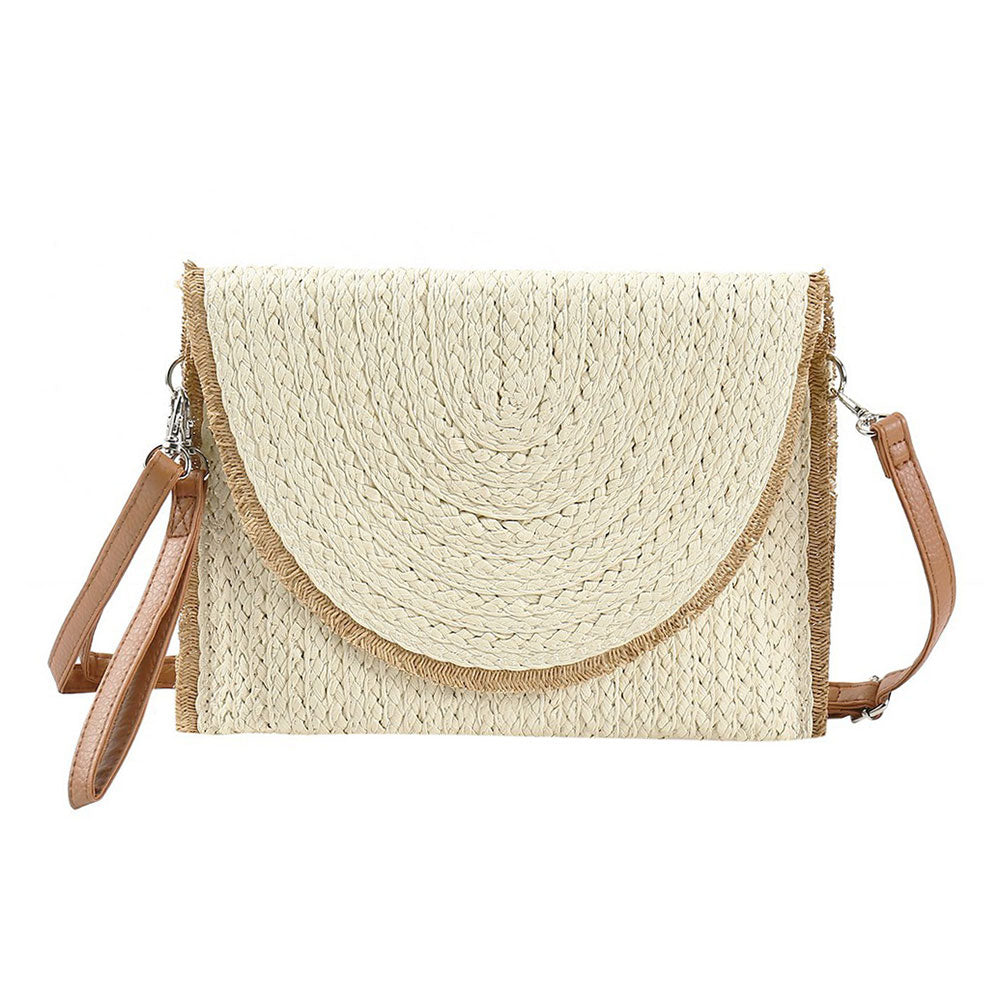Madeline Love Beige Frayed Trip Two Tone Straw Clutch / Crossbody Bag - Bags & Wallets - desc
