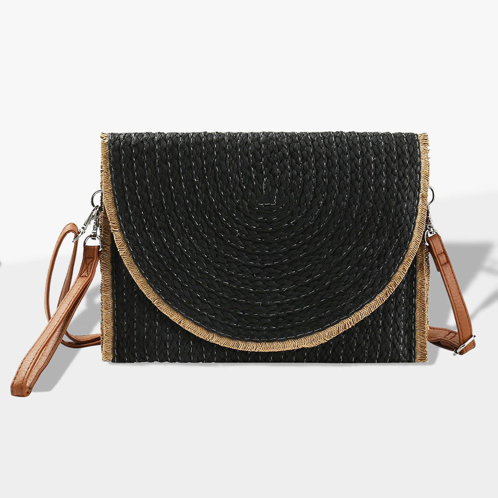 Madeline Love Black Frayed Trip Two Tone Straw Clutch / Crossbody Bag - Bags & Wallets